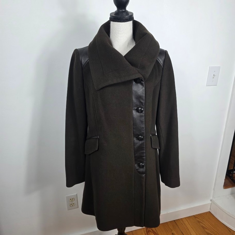 Cole Haan Womens Wool Blend Coat Leather Trim Collar Hooded Size 10